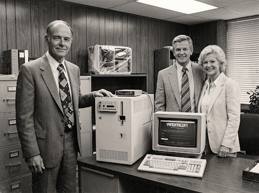 Charles Whitmore with Noel and Colette Delaney, 1987 archival computer photo